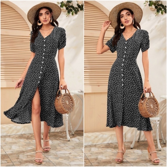 Boho Burgundy floral print button up v neck Puff Sleeve dress - Picture 12 of 14